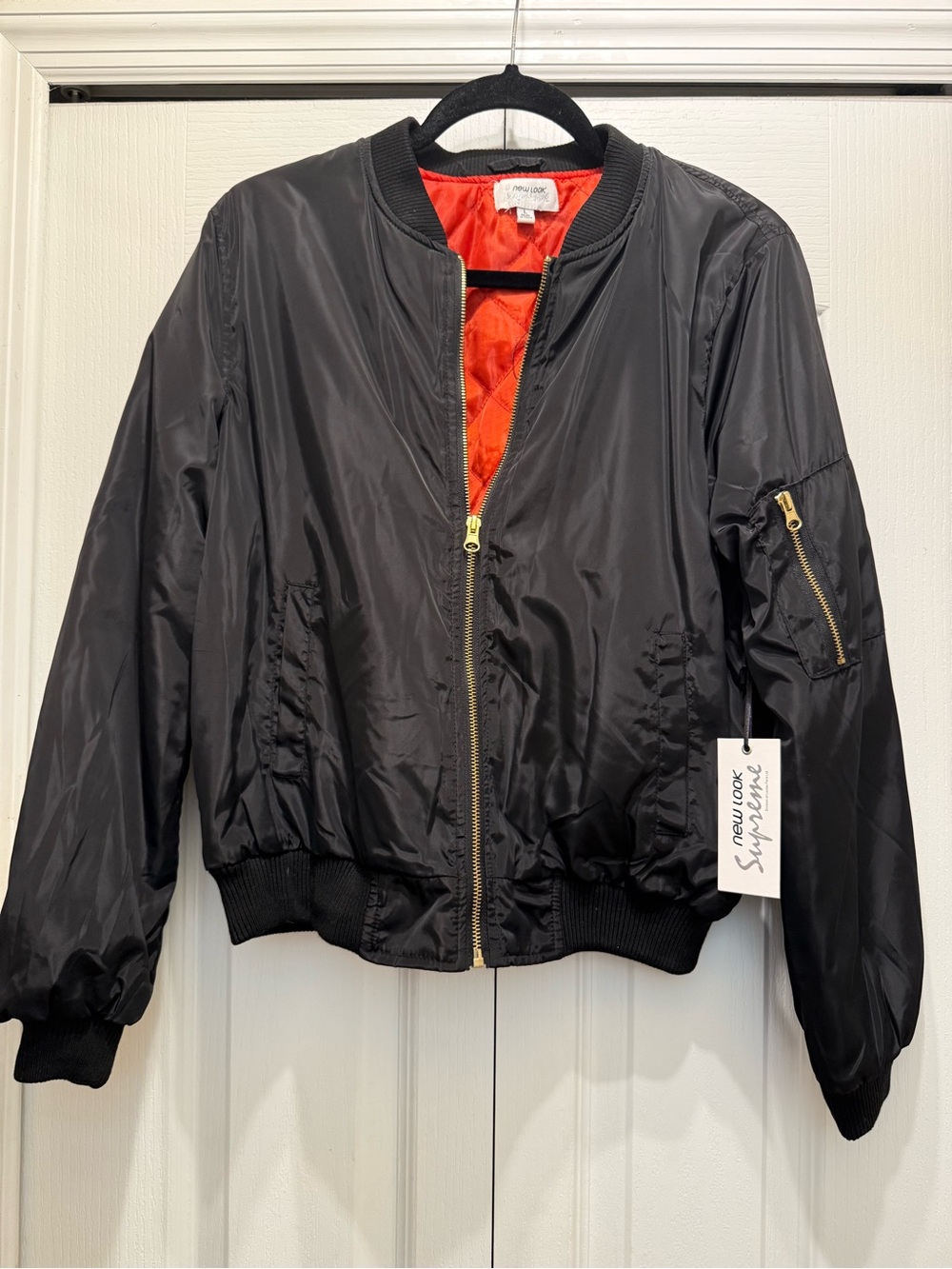 Black Bomber Crop Jacket with Red Lining - Large
